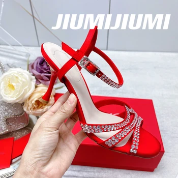  2023 JIUMIJIUMI / новейшие роскошные женские босоножки ручной работы с бриллиантами, босоножки на высоком каблуке с открытым носком, вечерние туфли Zapatos De Mujer