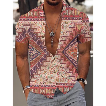  2023 Мужская гавайская тропическая повседневная рубашка с 3D-принтом, Летний пляжный отдых, воротник с открытыми плечами, Топ с коротким рукавом в этническом стиле
