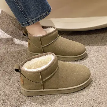  2023 новые короткие кожаные и меховые интегрированные ботинки, зимние плюшевые хлопчатобумажные туфли