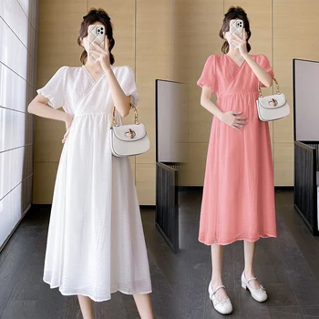  P42571 # Женское платье для кормления грудью с рукавами-пузырями, Элегантное платье с укороченной талией, Новое поступление для беременных