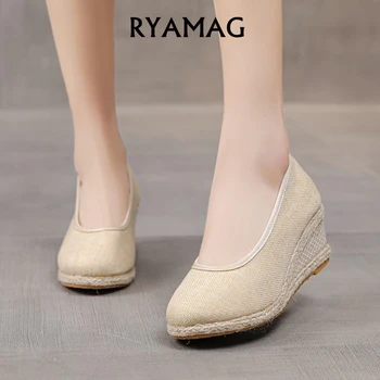  RYAMAG / Женская обувь на танкетке 2022, весенние новинки, женские босоножки на высоком каблуке, рабочая обувь, женские соломенные туфли-лодочки с острым носком.