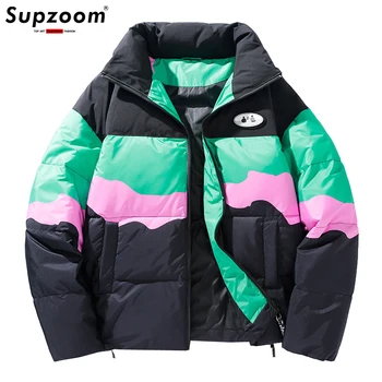 Supzoom Новое поступление, топ моды 2021, зимний воротник-стойка, теплый Ins, модный пуховик свободного кроя, мужское пальто в стиле пэчворк