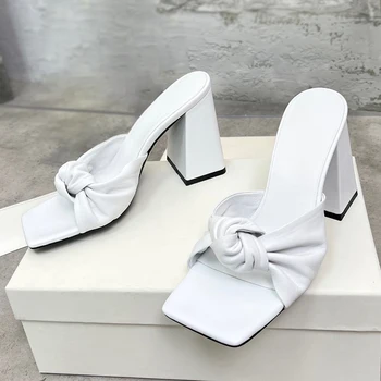  Дизайнерская роскошная женская обувь из натуральной кожи 2023Ss, туфли на блочном каблуке, женские однотонные сандалии, высококачественные популярные туфли-лодочки с квадратным носком