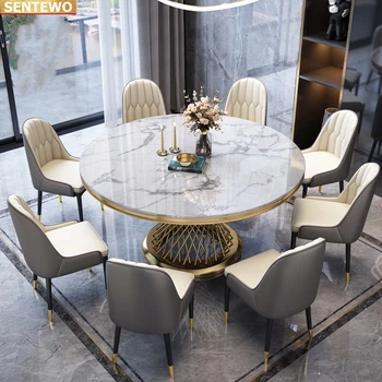  Дизайнерский Роскошный круглый обеденный стол из мраморной плиты, обеденный стол с 4 стульями, мебель mesa comedor, мрамор, Нержавеющая сталь, золотое основание