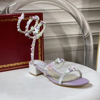  Женская обувь, Размер 34-43, Босоножки Из натуральной Кожи, Туфли-лодочки С цветами и кристаллами На среднем каблуке С ремешком На щиколотке, Летняя Дизайнерская обувь Zapatillas Mujer