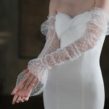  Женские сетчатые прозрачные тонкие длинные свадебные перчатки без пальцев с оборками в горошек, элегантный этикет для ужина в оперном стиле.