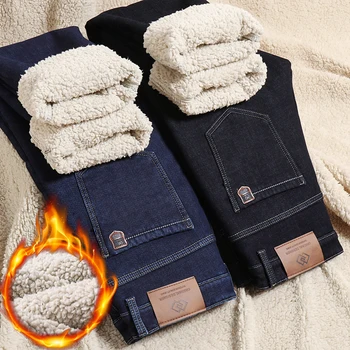  Зимние теплые флисовые джинсы мужские 2023 Прямые стрейчевые толстые повседневные тепловые джинсовые брюки мужские деловые рабочие брюки Новая мужская одежда
