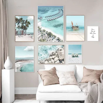  Картина на холсте в скандинавском стиле с видом на море, Пляжный пейзаж, Коралловая доска для серфинга, плакат с лодкой, фон для украшения спальни, отеля
