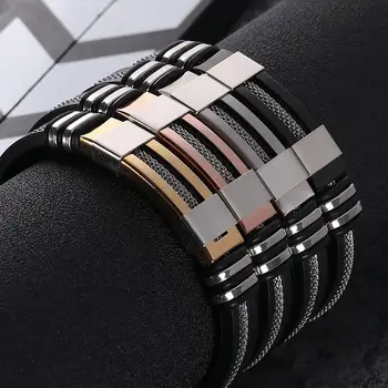  Классический однослойный силиконовый браслет из нержавеющей стали, мужской браслет-манжета с застежкой в стиле панк