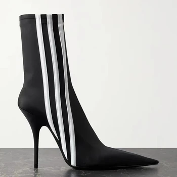 Короткие сапоги с тремя полосками контрастного цвета, эластичные сапоги на высоком каблуке, французский заостренный кончик, тонкий каблук, обернутые ножки, сексуальная женская обувь