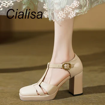  Летние босоножки Cialisa из высококачественной натуральной кожи, женская обувь на высоком каблуке 8,5 см, женские сандалии ручной работы, Абрикосовый, черный 41