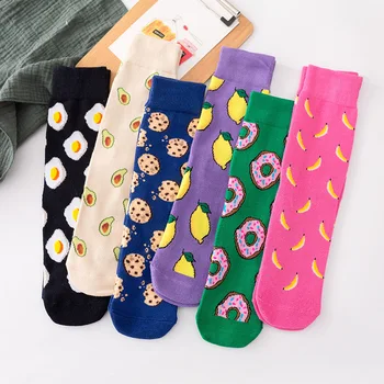  Летние женские носки Забавные Милые Мультяшные Фрукты Банан Авокадо Лимон Яйцо Печенье Еда Счастливые Японские Красочные носки для скейтборда 1 пара