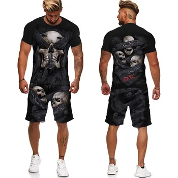  Летняя новая мужская футболка с 3D-принтом в виде готического черепа/костюм, крутая уличная одежда, спортивный костюм с коротким рукавом, топы + шорты, комплект из двух предметов