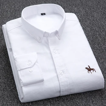  Мужская Оксфордская рубашка из 100% хлопка с длинным рукавом, Вышитая лошадью, повседневная, без кармана, Однотонная желтая рубашка, Мужская, Плюс размер S-6XL