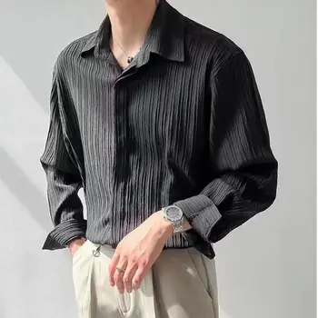  Мужские повседневные рубашки с отложным воротником, полосатые однотонные Прозрачные топы в корейском стиле с коротким рукавом, Свободные рубашки для мужчин, одежда