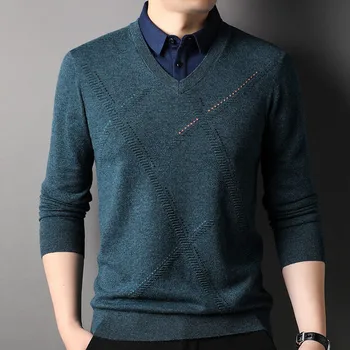  Мужской пуловер из 100% шерсти, новинка 2022 года, осенне-зимние мужские свитера из натуральной шерсти, состоящие из двух частей