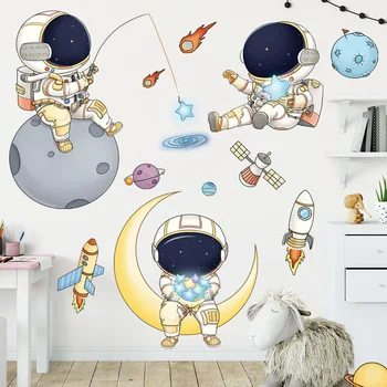  Наклейки на стену с космическим астронавтом, Детская комната, Мультяшные милые обои на заднем плане, самоклеящиеся наклейки, товары для украшения дома