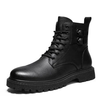  Новая мужская обувь с высоким берцем, модные зимние Теплые Зимние нескользящие военные ботинки, мотоциклетные ботильоны из натуральной кожи, черные ботинки, мужские