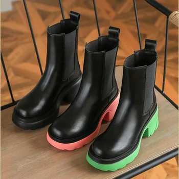  Новые ботинки для верховой езды Ins без шнуровки с эластичной лентой, женская обувь на платформе, разноцветные ботинки на толстой подошве, стрейчевые ботинки на высоком массивном каблуке 2021