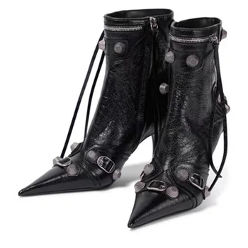  Новые женские Роскошные туфли на тонком высоком каблуке с металлической пряжкой и цепочкой, Модные Удобные ботильоны с острым носком, короткие ботинки на шпильке для вечеринок