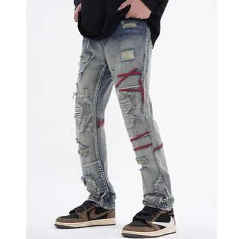  Новые рваные джинсы, Старые винтажные мужские джинсовые брюки из заплатанной ткани, трендовые облегающие Прямые брюки для маленьких ножек