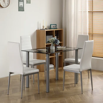  Обеденный стол из 5 частей, укомплектованный 1 Обеденным столом из черного стекла и 4 белыми стульями из ПВХ, подходит для кухни и столовой.