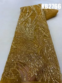  Последовательность кружевной ткани с золотым бисером Фиолетовая ткань Роскошные вечерние платья 2023 Ткань Кружево с бисером Тюлевое кружево для шитья KB2766