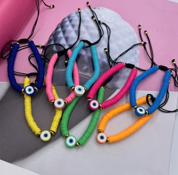  Разноцветный браслет Heishi от сглаза, летние пляжные украшения, диск из мягкой полимерной глины, эластичные браслеты для женщин
