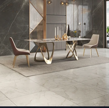  Светлый обеденный стол Bright rock plate, роскошный современный простой высококачественный дизайнерский модный прямоугольный обеденный стол Pandora stone