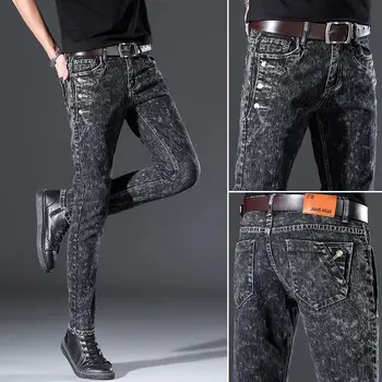 Утолщенные и тонкие джинсы универсальны для мужчин с приталенной посадкой и маленькими ножками, мужские брюки, стрейчевые серо-черные брюки