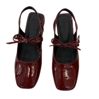  2022 Красные Женские Вечерние Туфли на низком каблуке-босоножке с Круглым Носком и Бантом на Квадратном Каблуке для женщин, Модные Кожаные Нескользящие