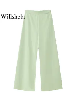  Willshela Женские модные светло-зеленые широкие брюки на молнии сбоку Винтажные женские шикарные брюки полной длины с высокой талией