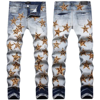  Вышивка леопардовыми звездами Мужские джинсы из денима для мужчин, рваные джинсы в стиле пэчворк, облегающие брюки с дырками, хип-хоп Мужские уличные брюки