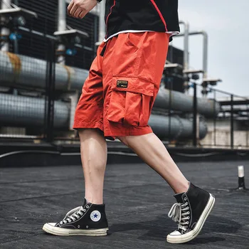  Летние спортивные шорты-карго Мужские 2023 Летние прямые Модные черные спортивные штаны в корейском стиле, мужские повседневные брюки в стиле пэчворк