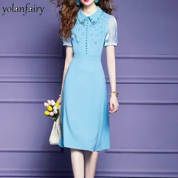  Летняя одежда для женщин Летнее платье с вышивкой бисером Женские элегантные платья средней длины с высокой талией Vestido Verano FCY