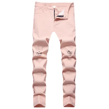  Мужские рваные розовые джинсы, весенне-летние новые европейские и американские повседневные прямые мужские брюки High street