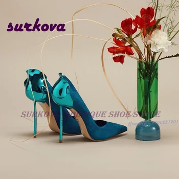  Синие замшевые туфли-лодочки с лепестками, Необычный стиль, острый носок, Мелкая однотонная обувь для вечеринок, женские летние туфли-лодочки на высоком каблуке, большие размеры, Сексуальные